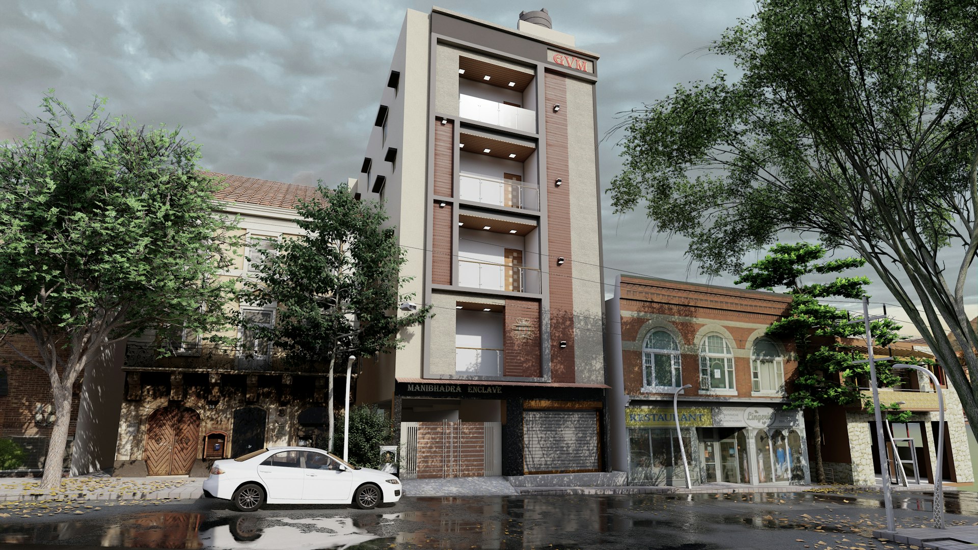 House Front elevation design a white car parked in front of a tall building